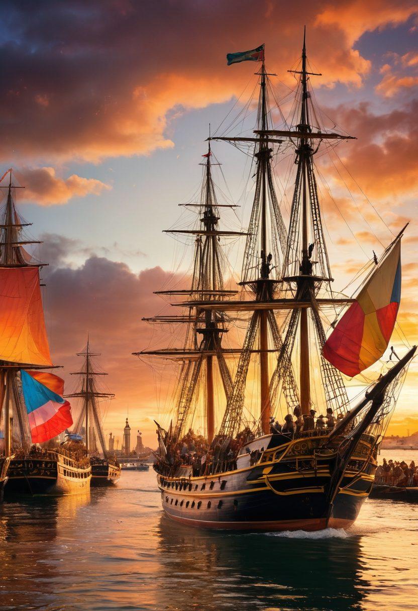 A dynamic scene blending historical naval battles with vibrant festival celebrations on the waterfront of Trafalgar. The image features majestic tall ships engaged in a fierce battle on one side, while the other side showcases people joyfully dancing and enjoying colorful maritime festivities. The sky is painted with the warm hues of sunset, creating a nostalgic yet celebratory atmosphere. Include elements like confetti, flags, and sea themes to tie both concepts together. super-realistic. vibrant colors.