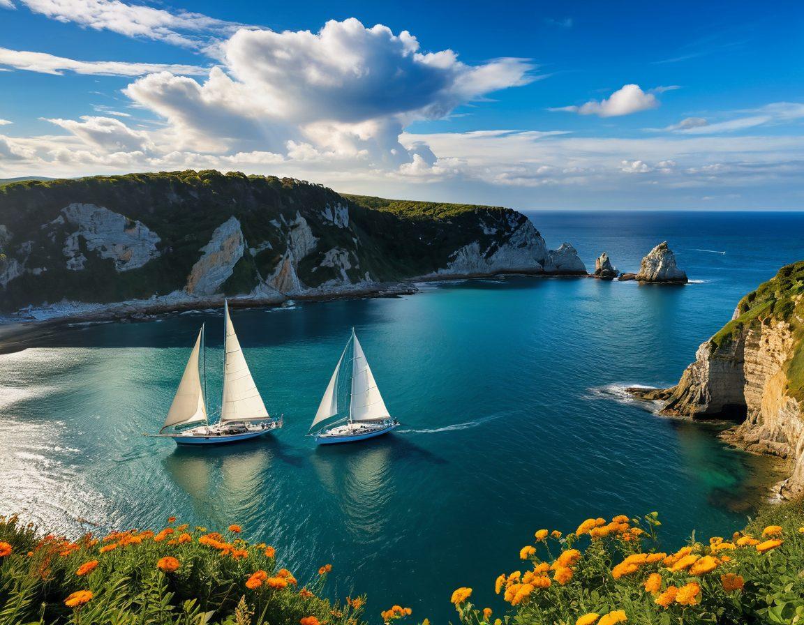 A serene scene of a sailboat gently gliding across the sparkling blue waters of Trafalgar, with golden sunlight filtering through fluffy white clouds. In the background, the iconic cliffs of Trafalgar stand majestically, embellished with lush greenery. Vividly colored seaside flowers adorn the foreground, creating a sense of tranquility and celebration. Include a soft breeze stirring the sails and a distant horizon where the sky meets the sea, symbolizing freedom and joy. super-realistic. vibrant colors. sunny atmosphere.