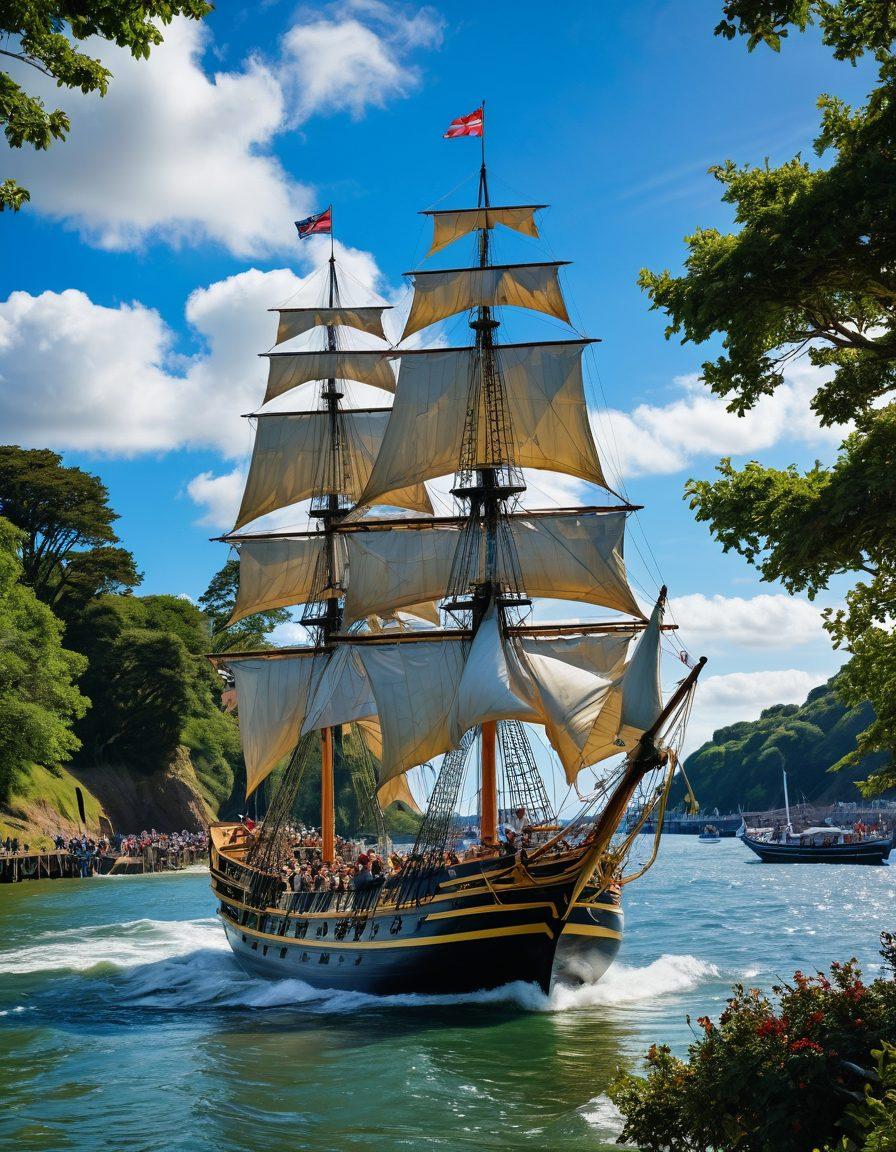 A majestic sailing ship navigating through the choppy waters of Trafalgar, adorned with vibrant sails catching the sunlight, while a celebratory crowd cheers from both the ship and the shore. In the background, a historical portrayal of Admiral Nelson stands proud on a pedestal, surrounded by lush greenery and striking blue skies. The scene is filled with a sense of adventure and camaraderie, evoking the spirit of triumph. super-realistic. vibrant colors. historical elements.
